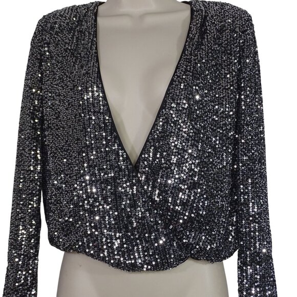 Lush Sequin Long Sleeve Crop Top Women Size XS V-Neck Surplice Black Glam Party - Picture 2 of 11